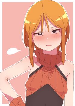 1girl absurdres alternate_costume black_shirt blush breasts commentary_request covered_navel gundam gundam_zz half-closed_eyes hand_on_own_hip highres long_sidelocks looking_at_viewer onimaru_(onimal7802) orange_hair outline parted_lips puff_of_air puru_two red_shirt ribbed_shirt shirt short_hair sidelocks sleeveless sleeveless_shirt small_breasts solo sweatdrop turtleneck turtleneck_shirt two-tone_shirt upper_body v-shaped_eyebrows white_outline