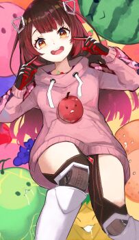 1girl :d absurdres breasts brown_hair camouflage_sleeves commentary_request cowboy_shot double-parted_bangs drawstring faux_traditional_media food fruit gradient_hair headgear highres hololive hood hoodie impasto index_fingers_raised long_sleeves looking_at_viewer lying mechanical_hands mechanical_legs medium_breasts multicolored_hair no_pants nyucha official_alternate_costume on_back open_mouth pink_hoodie pointing pointing_at_self red_hair roboco-san roboco-san_(hoodie) smile solo suika_game teeth upper_teeth_only virtual_youtuber watermelon yellow_eyes