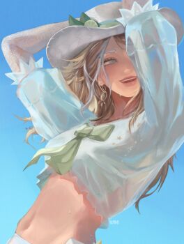 1girl aqua_eyes arched_back blonde_hair blue_background bow crop_top demi_bourbon demi_bourbon_(sea_salt_mocktail) earrings floating_hair food fruit green_bow hands_on_headwear hat highres identity_v jewelry lime_(fruit) lime_slice long_hair looking_to_the_side navel puffy_sleeves smile solo straw_hat sweat ume_(umesei) upper_body white_hat white_streaks