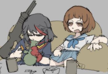 2girls assault_rifle black_hair black_serafuku black_shirt black_skirt blue_sailor_collar blue_skirt blunt_bangs bong brown_hair closed_eyes couch drugs grey_background gun holding_bong joint_(drug) kill_la_kill mankanshoku_mako marijuana matoi_ryuuko multicolored_hair multiple_girls on_couch pantsu-ripper red-eye_effect red_hair rifle sailor_collar school_uniform serafuku shirt simple_background sitting skirt smoking stoned streaked_hair weapon white_shirt
