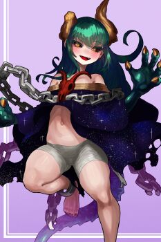 1girl :d absurdres ankle_cuffs bare_shoulders barefoot black_sclera blush brown_horns chain claws clenched_hand clothing_request colored_extremities colored_sclera commentary_request commission dragon_girl dragon_horns dragon_tail ekrea_jan foot_out_of_frame gold_nails green_hair highres horns long_hair nail_polish navel off_shoulder open_mouth original purple_background shorts skeb_commission slit_pupils smile solo standing standing_on_one_leg star_(symbol) star_print stomach tail toenail_polish toenails white_shorts yellow_eyes