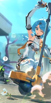 Rule 34 | 1girl, ?, aqua eyes, arm up, armpits, bare shoulders, blue hair, blue sky, breasts, cloud, commentary, day, elbow gloves, ethereal (zenless zone zero), flower, gloves, highres, long hair, looking down, official art, one eye closed, open mouth, outdoors, presenting armpit, seed (zenless zone zero), seed sr., sky, small breasts, spoken question mark, squatting, teeth, upper teeth only, v-shaped eyebrows, white flower, white gloves, zenless zone zero