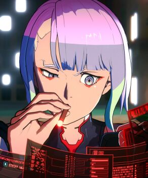 1girl 3d asymmetrical_bangs black_coat blunt_bangs cigar coat commentary commission cyberpunk:_edgerunners cyberpunk_(series) english_commentary guilty_gear guilty_gear_strive half-closed_eye holding holding_cigar looking_at_screen lucy_(cyberpunk) matthew_mcconaughey_smoking_(meme) meme outdoors pink_hair portrait purple_eyes sateka short_hair sidelocks smoking solo wide-eyed