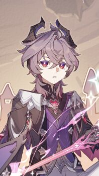 1boy bright_pupils chinese_commentary commentary_request diamond-shaped_pupils diamond_(shape) dragon_horns durin_(genshin_impact) genshin_impact gloves hair_between_eyes highres horns indoors instrument looking_at_viewer male_focus nenggong_zhiren pants parted_lips purple_hair red_eyes sitting solo symbol-shaped_pupils white_pants white_pupils