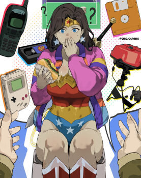 1boy 1girl ? absurdres blue_eyes breasts brown_hair burger cassette_tape cleavage commentary dc_comics earrings english_commentary floppy_disk food game_boy game_console handheld_game_console highres holding holding_burger holding_food jewelry lasso lasso_of_truth leotard long_hair park_ongjol phone speech_bubble star_(symbol) star_earrings star_print steve_trevor superhero_costume sword sword_on_back twitter_username virtual_boy weapon weapon_on_back wonder_woman wonder_woman_(series)