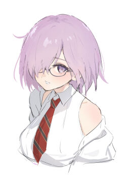 1girl black-framed_eyewear blush breasts collared_shirt commentary_request fate/grand_order fate_(series) glasses hair_over_one_eye handa_guryu jacket large_breasts looking_at_viewer mash_kyrielight necktie open_clothes open_jacket pink_hair pink_pupils purple_eyes red_necktie semi-rimless_eyewear shirt short_hair simple_background single_bare_shoulder sleeveless sleeveless_shirt smile solo striped_clothes striped_necktie teeth upper_body white_background white_jacket white_shirt