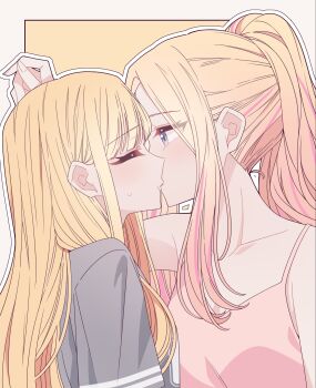 2girls blonde_hair camisole closed_eyes commentary fujita_kotone gakuen_idolmaster grey_shirt highres idolmaster juo_sena kiss kousaka_0v0 multiple_girls outline pink_camisole pink_streaks ponytail purple_eyes shirt sweat white_outline yellow_background yuri