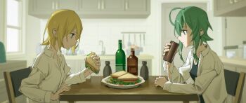 2girls ahoge animal_ears bags_under_eyes black_camisole blonde_hair blue_eyes bottle cabinet camisole chair collared_shirt cup eating expressionless food frown green_eyes green_hair gumi hand_on_table highres holding holding_cup holding_food horse_ears kagamine_rin kitchen looking_at_another medium_hair multiple_girls on_chair open_clothes open_shirt plate sandwich shirt short_hair sidelocks sitting table tile_wall tiles vocaloid white_shirt wine_bottle wooden_table wounds404