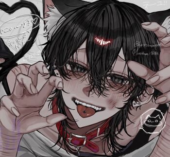 1boy :p aegyo_sal animal_ears belt_collar black_eyes black_hair black_shirt cat_boy cat_ears cat_tail claw_pose collar commentary_request grin half-closed_eyes hosikage4040 looking_at_viewer original piercing self-harm shirt sidelocks smile solo sweater tail tongue tongue_out tongue_piercing undershirt white_sweater wrist_cutting