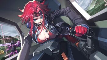 1girl artist_request black_shirt breasts cleavage code_geass code_geass:_genesic_re;code highres kouzuki_kallen mecha mountain official_art red_hair robot rotated shirt