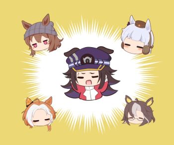 Rule 34 | 5girls, ahoge, animal ears, beanie, blush, brown hair, brown hat, chibi, chibi only, closed eyes, commentary request, cropped torso, dream journey (umamusume), ear covers, ears through headwear, fenomeno (umamusume), glasses, gold ship (umamusume), gomashio (goma feet), grey hair, grey hat, hands up, hat, horse ears, horse girl, jacket, long hair, long sleeves, multicolored hair, multiple girls, nakayama festa (umamusume), no mouth, open mouth, orange hair, orfevre (umamusume), purple hat, red jacket, short hair, single ear cover, striped clothes, striped headwear, sweat, tracen training uniform, track jacket, two-tone hair, umamusume, vertical-striped clothes, vertical-striped headwear, white hair, yellow background