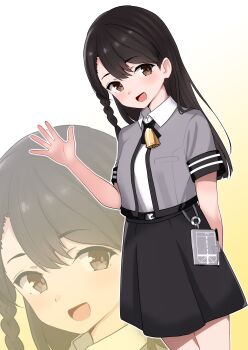 1girl absurdres black_hair black_skirt braid brown_eyes collared_shirt commentary_request dress_shirt grey_jacket highres himura_moritaka jacket japan_maritime_self-defense_force japan_self-defense_force js_chihaya_(asr-403) kantai_collection long_hair medium_skirt military multiple_views original remote_control_vehicle shirt short_sleeves single_braid skirt smile white_shirt