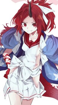 1girl absurdres bad_anatomy black_horns blue_archive breasts clothing_cutout dragon_girl dragon_horns eyeshadow grin halo highres hip_vent horns long_hair makeup md5_mismatch pleated_skirt ponytail red_eyes red_eyeshadow red_hair red_halo red_sailor_collar renge_(blue_archive) resolution_mismatch sailor_collar sideless_shirt simple_background single_horn skirt small_breasts smile solo source_smaller vivo_(vivo_sun_0222) white_background white_skirt