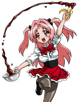 Rule 34 | 1girl, arm up, banana, bandabekken, black bow, black shoes, bow, bowl, bowtie, breasts, bronze parrot, chocolate, covered erect nipples, cummerbund, facial mark, food, foot out of frame, forehead mark, frilled shirt, frills, fruit, girls bravo, hair bow, holding, holding bowl, holding food, holding fruit, loafers, long hair, medium breasts, miharu sena kanaka, miniskirt, mixing bowl, open mouth, pantyhose, pink hair, red bow, red bowtie, red eyes, red skirt, shirt, shoes, simple background, skirt, smile, solo, standing, standing on one leg, teeth, two side up, upper teeth only, waitress, white background, white shirt