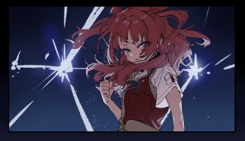 Rule 34 | 1girl, bad source, black border, blue background, blue eyes, blue ribbon, border, brown sweater vest, clenched hand, commentary request, dorontabi, double bun, floating hair, gakuen idolmaster, grin, hair bun, hajime (idolmaster), hanami saki, hand up, highres, idol clothes, idolmaster, light particles, lightning, lightning background, long hair, looking at viewer, red hair, red sweater vest, ribbon, shirt, short sleeves, side up bun, smile, solo, sweat, sweater vest, two-tone sweater vest, two side up, upper body, v-shaped eyebrows, white shirt