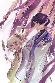 Rule 34 | 1boy, 1girl, alternate costume, aqua gem, aranara (genshin impact), asymmetrical sidelocks, baiyuyi, black bodysuit, black sash, blue trim, blunt ends, bodysuit, bow, bright pupils, brown bow, cape, choppy bangs, closed mouth, colored tips, creature print, cross-shaped pupils, crossed arms, eyelashes, eyeliner, falling petals, floral print, floral print kimono, floral print sleeves, flower, gem, genshin impact, gold, green eyes, green hair, green sash, green sleeves, hair between eyes, hair ornament, hand fan, hand on own arm, hand up, haori himo, hashtag-only commentary, heart, heart hair ornament, height difference, highres, holding, holding fan, japanese clothes, kimono, layered sleeves, leaf, leaf hair ornament, leaning to the side, long hair, looking at viewer, looking to the side, makeup, multicolored hair, nahida (genshin impact), obi, open mouth, outdoors, petals, pink petals, pointy ears, print kimono, purple cape, purple eyes, purple hair, red eyeliner, sash, scaramouche (genshin impact), side cape, side ponytail, sidelocks, symbol-shaped pupils, three-quarter sleeves, tsurime, turtleneck, turtleneck bodysuit, vision (genshin impact), wanderer (genshin impact), white background, white hair, white kimono, white pupils, white sleeves, white trim, wide sleeves, wisteria