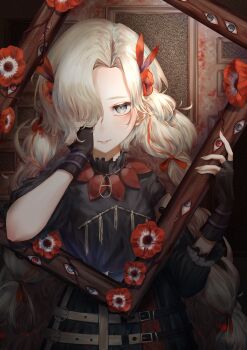 1girl absurdres alternate_costume alternate_hairstyle anemone_(flower) belt black_dress black_gloves braid dress fingerless_gloves flower gloves grey_eyes grey_hair hair_over_one_eye hair_ribbon hand_on_own_face highres isekaijoucho kamitsubaki_studio long_hair looking_at_viewer momori0118 multicolored_hair parted_lips picture_frame red_hair red_ribbon ribbon smile solo static twin_braids two-tone_hair upper_body very_long_hair virtual_youtuber