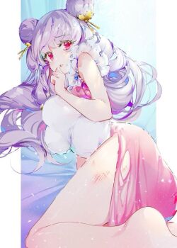 1girl bruise bruise_on_leg chinese_clothes double_bun dress hair_bun long_hair pink_eyes purple_hair ranma_1/2 ribbon shampoo_(ranma_1/2)