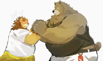2boys animal_ears artist_self-insert bara bear_boy bear_ears ben_bigger biceps black_tank_top brown_fur closed_eyes clothes_around_waist cocoducker fat fat_man furry furry_male highres holding_hands jacket jacket_around_waist lion_boy lion_ears lion_mane looking_at_another male_focus multiple_boys open_mouth original pants scar scar_across_eye scar_on_face shirt smile tank_top white_background white_pants white_shirt zenless_zone_zero