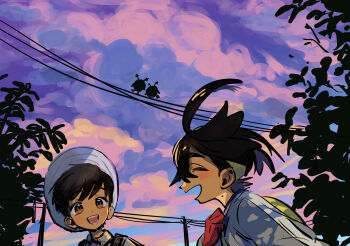 2boys assassinookayu bag black_hair blush brown_hair closed_eyes cloud cloudy_sky evening florian_(pokemon) gen_2_pokemon gloves hairband hat highres hoothoot jacket kieran_(pokemon) male_focus multiple_boys nintendo open_mouth outdoors pokemon pokemon_(creature) pokemon_sv power_lines purple_hair red_gloves school_uniform sky tree upper_body uva_academy_school_uniform yellow_bag yellow_hairband