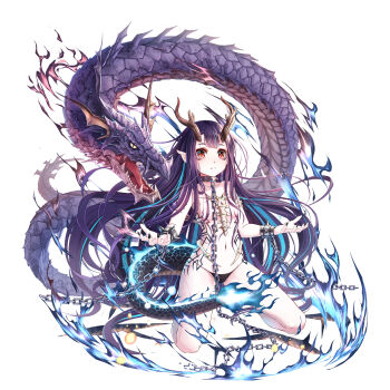 1girl absurdres black_panties blunt_bangs bracer breasts chain collar cuffs dragon dragon_girl dragon_tail fang female_focus fingernails fire highres horns kai-ri-sei_million_arthur kneeling long_hair looking_at_viewer million_arthur_(series) nail_polish navel official_art panties pointy_ears purple_hair red_eyes shackles sharp_fingernails sharp_teeth simple_background slit_pupils small_breasts solo tail tattoo teeth underwear very_long_hair wait white_background