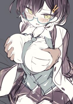 1girl absurdres blue_archive blue_hair blush breasts chihiro_(blue_archive) damao_(kiwa777) grabbing_another's_breast groping highres large_breasts non-web_source open_mouth source_request tagme