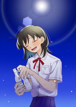 1girl :d ^_^ black_hair blue_skirt blue_sky blush breast_pocket closed_eyes collared_shirt dress_shirt futsuu_no_keion-bu hatono_chihiro highres hot light_particles neck_ribbon non-circular_lens_flare open_mouth outdoors pleated_skirt pocket red_ribbon ribbon rra_(yj) school_uniform shirt shirt_tucked_in short_sleeves skirt sky smile solo summer_uniform sweat tupet upper_body white_shirt wing_collar