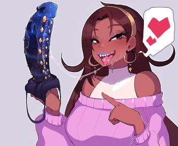 1girl after_fellatio artist_self-insert bare_shoulders blue_eyeshadow blue_lips breasts brown_hair commentary dark-skinned_female dark_skin dildo dildo_under_mask earrings english_commentary english_text eyeshadow fellatio female_focus flipped_hair forehead gold_hairband grey_background grey_eyes hairband halterneck heart highres holding holding_sex_toy hoop_earrings huge_dildo jewelry large_breasts lipstick looking_at_viewer makeup mask meme naughty_face nyantcha off-shoulder_sweater off_shoulder oral pink_sweater pointing pulling pulling_back ribbed_sweater saliva saliva_trail sex_toy sharp_teeth slit_pupils solo speech_bubble spiked_dildo spoken_heart sweater tears teeth tongue tongue_out tsona_(nyantcha)