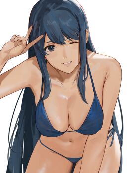 1girl bare_shoulders bikini blue_bikini blue_eyes blue_hair breast_focus breasts caeda_(fire_emblem) cleavage downblouse female_focus fire_emblem fire_emblem:_mystery_of_the_emblem highres j@ck leaning_forward long_hair matching_hair/eyes medium_breasts navel nintendo one_eye_closed parted_lips side-tie_bikini_bottom sidelocks simple_background smile solo swimsuit very_long_hair white_background wink