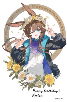 1girl absurdres amiya_(arknights) animal_ear_fluff animal_ears ankry arknights ascot black_jacket blue_eyes brown_hair commentary_request dandelion double_v flower hair_between_eyes head_wreath highres jacket jewelry long_hair looking_at_viewer multiple_rings one_eye_closed open_clothes open_jacket open_mouth purple_ascot rabbit_ears rabbit_girl ring shirt solo v white_flower white_shirt yellow_flower