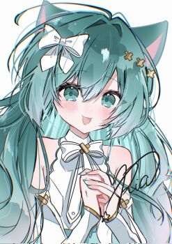 Rule 34 | 1girl, :3, :d, animal ears, aqua eyes, aqua hair, aqua nails, bare shoulders, blush, bow, bowtie, cat ears, commentary request, corrupted twitter file, detached sleeves, dress, fingernails, hair between eyes, hair bow, hair ornament, hands up, hatsune miku, highres, hiramado miku, kowareta sekai to utaenai miku, long hair, long sleeves, looking at viewer, nail polish, official alternate costume, open mouth, own hands clasped, own hands together, project sekai, ria art, sidelocks, signature, simple background, sleeveless, sleeveless dress, smile, solo, spoilers, upper body, vocaloid, white background, white bow, white dress, x hair ornament
