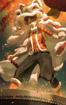 1boy black_hair black_pantyhose boots chinese_new_year cloak commentary dragon_hood english_commentary fur-trimmed_boots fur-trimmed_cloak fur-trimmed_vest fur_trim hair_between_eyes highres hood hooded_cloak lantern levi_(shingeki_no_kyojin) lilypsiren male_focus pantyhose parted_lips red_boots red_cloak red_vest shingeki_no_kyojin shirt short_hair solo vest white_shirt