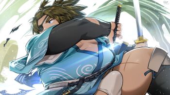 1boy absurdres belly blue_kimono bulge commentary_request cross_scar dual_wielding eyepatch fat fundoshi highres holding holding_sword holding_weapon japanese_clothes kimono male_focus no_pants ponytail scar scar_on_chest scar_on_leg scar_on_stomach ssu_(3228113) sword tamacolle tootoumi_(tamacolle) weapon yukata