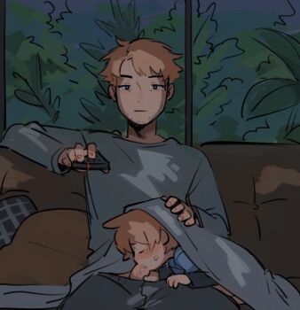 2boys age_difference artist_request blanket blonde_hair blush closed_eyes controller couch erection fellatio head_grab highres male_focus multiple_boys on_couch onii-shota oral original otokonochinchin penis remote_control shota source_request under_covers veins veiny_penis yaoi