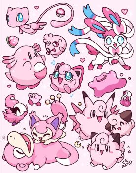 berry_(pokemon) black_eyes blue_eyes blush blush_stickers chansey clefable clefairy cleffa closed_eyes closed_mouth commentary crescent ditto gen_1_pokemon gen_2_pokemon gen_3_pokemon gen_6_pokemon heart highres igglybuff jigglypuff kirby kirby_(series) legendary_pokemon love_ball mamobot mew_(pokemon) musical_note mythical_pokemon nintendo no_humans open_mouth pecha_berry pink_background pink_eyes pink_theme poke_ball pokemon pokemon_(creature) potion_(pokemon) simple_background skitty slowpoke smile spritzee sylveon symbol-only_commentary