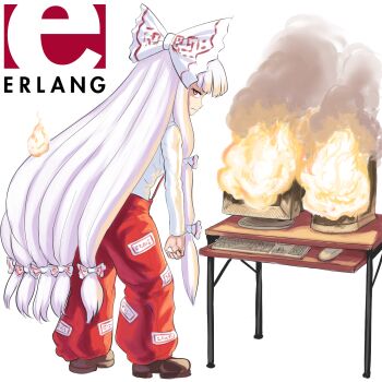 1girl brown_shoes burning closed_mouth commentary computer computer_keyboard computer_mouse computer_tower crt desk english_commentary erlang fire from_behind fujiwara_no_mokou full_body highres leaning_forward long_hair long_sleeves looking_at_viewer looking_back monitor pants profitwalrus red_eyes red_pants shirt shoes simple_background solo standing suspenders touhou very_long_hair white_background white_hair white_shirt