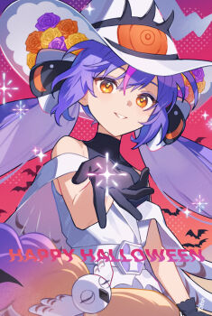 1girl :d bare_shoulders bat_(animal) black_gloves black_shirt bow braid commentary_request double-parted_bangs eyeshadow flower foreshortening gloves gradient_hair grin hair_between_eyes hair_bow hair_flower hair_ornament halftone halftone_background happy_halloween hat highres large_hat long_hair looking_at_viewer low-braided_long_hair low-tied_long_hair low_twintails makeup multicolored_hair open_mouth orange_eyes orange_flower orange_hair orange_rose otomachi_una pink_hair purple_eyeshadow purple_flower purple_hair purple_rose reaching reaching_towards_viewer red_background rose shirt sidelocks simple_background sleeveless sleeveless_shirt sleeveless_turtleneck smile solo sparkle sparkling_eyes streaked_hair suiso_sn3 third_eye turtleneck turtleneck_shirt twintails very_long_hair vocaloid white_bow white_hat witch_hat yellow_flower yellow_rose
