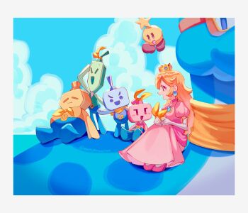 Rule 34 | 3boys, 3girls, :d, arm up, black eyes, blonde hair, blue gem, blue sky, blush stickers, border, bow, bowtie, cloud, creature, crown, day, dorrie, dress, dulles (mario), earrings, elbow gloves, ellow (mario), floating, gem, gloves, hand on ground, highres, ireen (mario), jewelry, legs apart, light blush, long dress, long hair, loog (mario), looking ahead, looking at another, mario, mario &amp; luigi: brothership, mario &amp; luigi rpg, mario (series), monyorun, multiple boys, multiple girls, nintendo, no nose, no pupils, no sclera, open mouth, outdoors, pink dress, pink shoes, princess peach, puffy short sleeves, puffy sleeves, scarf, shoes, short sleeves, sitting, sky, smile, sphere earrings, starlow, twitter username, v-shaped eyebrows, white border, white gloves, wrist bow, yellow bow, yellow bowtie, yellow scarf