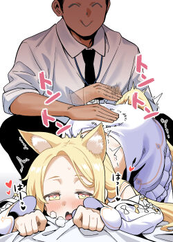 1boy 1girl all_fours animal_ear_fluff animal_ears bed_sheet black_necktie black_pants blonde_hair blue_archive blush cat_ears cats_love_being_spanked detached_sleeves doodle_sensei_(blue_archive) dress fang feral_instincts fox_ears fox_girl fox_tail frilled_dress frills half-closed_eyes heart heavy_breathing hetero highres kamono_hashigo loli long_hair motion_lines necktie open_mouth pants patting_back puff_of_air seia_(blue_archive) sensei_(blue_archive) sheet_grab shirt sigh simple_background skin_fang skirt sound_effects speed_lines sweat tail tongue trembling uncommon_stimulation very_long_hair white_background white_dress white_shirt white_skirt yellow_eyes