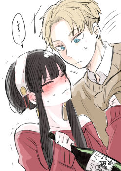 1boy 1girl absurdres ayuhata_toba bare_shoulders black_hair blonde_hair blue_eyes book bottle brown_sweater closed_eyes closed_mouth clothes_grab collarbone collared_shirt commentary_request drunk earrings gold_earrings hairband highres holding holding_book jewelry long_sleeves looking_at_another motion_lines off-shoulder_sweater off_shoulder parted_bangs red_sweater shirt short_hair short_hair_with_long_locks sidelocks sleeves_past_wrists speech_bubble spy_x_family sweatdrop sweater trembling twilight_(spy_x_family) upper_body very_short_hair white_background white_hairband wine_bottle yor_briar