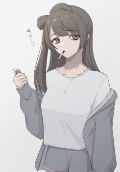 1girl 3se3es3 breasts brown_eyes brown_hair cigarette commentary_request cowboy_shot grey_background grey_jacket grey_shorts hair_rings hand_up highres holding holding_lighter jacket lighter long_hair long_sleeves love_live! love_live!_school_idol_project minami_kotori one_side_up open_clothes open_jacket shirt shorts sideways_glance simple_background single_hair_ring smoking solo standing translation_request white_shirt