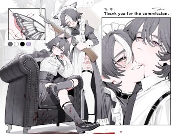 2boys apron belt black_belt black_shoes blood blush closed_eyes closed_mouth commission corset couch crossdressing crossdressing_(mtf) english_text full_body grey_corset grey_eyes grey_hair grey_shorts grey_socks gun hair_over_one_eye half-closed_eyes head_rest holding holding_gun holding_weapon juliet_sleeves long_sleeves looking_at_viewer maid maid_apron male_focus multicolored_hair multiple_boys multiple_views on_couch open_mouth original puffy_sleeves shirt shoes shorts sitting skeb_commission smile socks standing thighhighs two-tone_hair weapon white_apron white_shirt white_streaks white_thighhighs wolrero