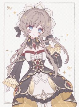 Rule 34 | 1girl, black bow, black collar, black dress, black sleeves, blue eyes, blush, bonnet, bow, brown hair, closed mouth, collar, commentary, detached collar, detached sleeves, dress, gem, genshin impact, gloves, highres, pantyhose, red gem, sandrone (genshin impact), short hair with long locks, solo, star (symbol), strapless, strapless dress, twitter username, white gloves, white headdress, white pantyhose, yapc03, yellow bow