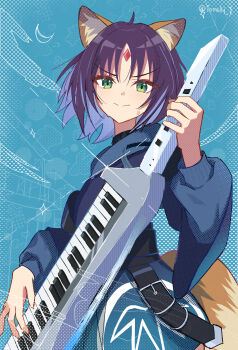 1girl absurdres ahoge animal_ears blue_jacket cho_kaguya-hime! closed_mouth commentary_request cowboy_shot facial_mark forehead_jewel forehead_mark fox_ears fox_girl fox_tail green_eyes highres holding holding_instrument instrument jacket long_sleeves looking_at_viewer multicolored_hair puffy_sleeves purple_hair sakayori_iroha short_hair smile solo tail traum v-shaped_eyebrows