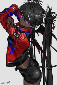 1girl arms_up bat_wings black_hair black_nails black_shorts commentary dark-skinned_female dark_skin demon_tail english_commentary from_side hair_ornament highres jacket looking_at_viewer luicent messy_hair midriff original purple_eyes red_jacket short_twintails shorts signature simple_background solo spikes tail twintails white_background wings