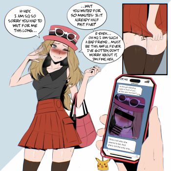 1girl 2boys absurdres afterimage bar_censor black_shirt black_thighhighs blush body_writing bogidark brown_hair cellphone_charm cellphone_photo censored censored_identity charm_(object) collared_shirt commission english_text eyewear_on_headwear fanning_self fellatio gen_1_pokemon grey_eyes hands_up hat high-waist_skirt highres holding holding_phone juxtaposition long_hair meme motion_blur motion_lines multiple_boys netorare nintendo one_eye_closed oral penis phone pikachu pink_bag pink_hat pleated_skirt pokemon pokemon_xy porkpie_hat red_skirt serena_(pokemon) shiny_skin shirt sidelocks skirt skirt_tug sleeveless sleeveless_shirt smile speech_bubble sunglasses surprised_pikachu_(meme) tally thighhighs white-framed_eyewear zettai_ryouiki