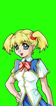 1girl angel_blade blonde_hair blue_skirt earrings fang game_cg green_eyes hand_on_own_hip hasumi_(angel_blade) jewelry long_hair looking_at_viewer oobari_masami open_mouth school_uniform shiny_skin shirt shy simple_background skirt smile twintails white_shirt wide_hips