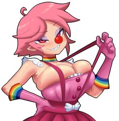 1girl absurdres ace_attorney ahoge alternate_costume armpits blush breasts clown clown_nose cosplay detached_sleeves divine_wine_(vampiranhya) dress fake_wings geiru_toneido gloves hand_on_own_hip highres large_breasts original overalls pink_hair rainbow_print red_eyes sharp_teeth short_hair smile sweat teeth vampiranhya wings