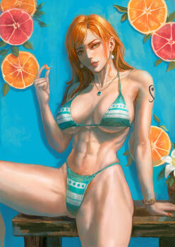 1girl 2025 abs adapted_costume amibazh arm_support bangle bikini bracelet breasts food fruit green_bikini jewelry large_breasts long_hair looking_at_viewer nami_(one_piece) nami_(one_piece)_(return_to_sabaody) navel necklace one_piece orange_(fruit) orange_eyes orange_hair orange_nails parted_lips pubic_hair shoulder_tattoo sitting striped_bikini striped_clothes swimsuit tattoo toned toned_female