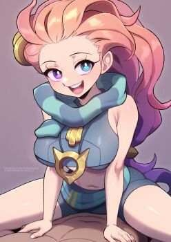 1boy 1girl :d alternate_breast_size_(larger) bare_shoulders blue_eyes breasts commentary english_commentary girl_on_top heterochromia highres large_breasts league_of_legends long_hair looking_at_viewer multicolored_hair navel open_mouth orange_hair pink_hair purple_eyes shiny_skin sitting smile solo_focus strongbana teeth upper_teeth_only zoe_(league_of_legends)